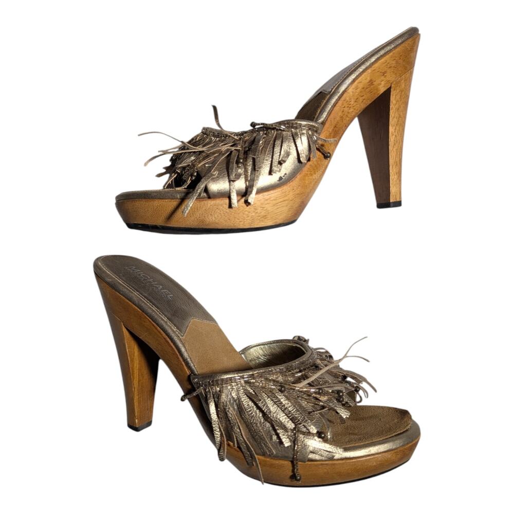 Michael Kors Champagne Gold Metallic Leather Fringe Wood Heel Mule Sandals Sz 8